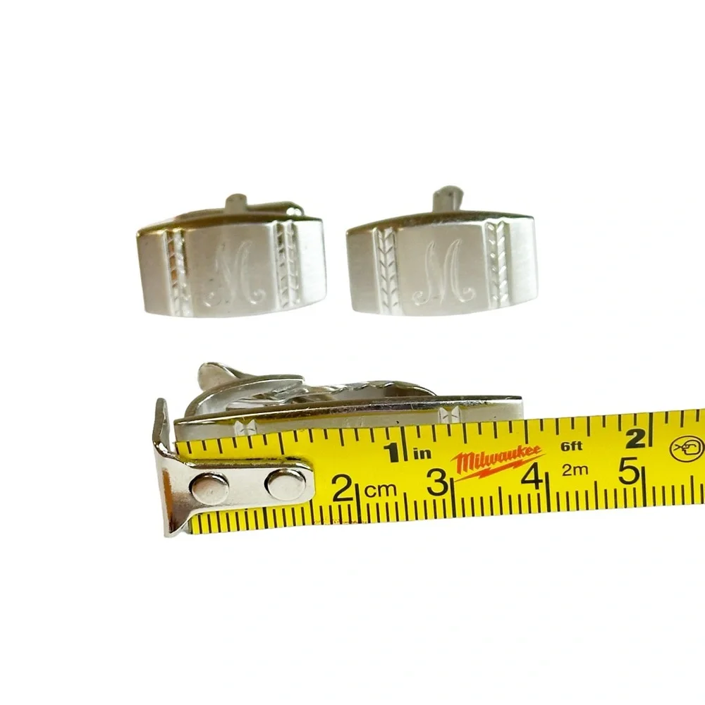 Hickok Vintage Mid Century M Monogram Initial Tie Clip & Cuff Link Set